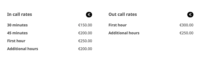 A typical rate card on Escort Ireland